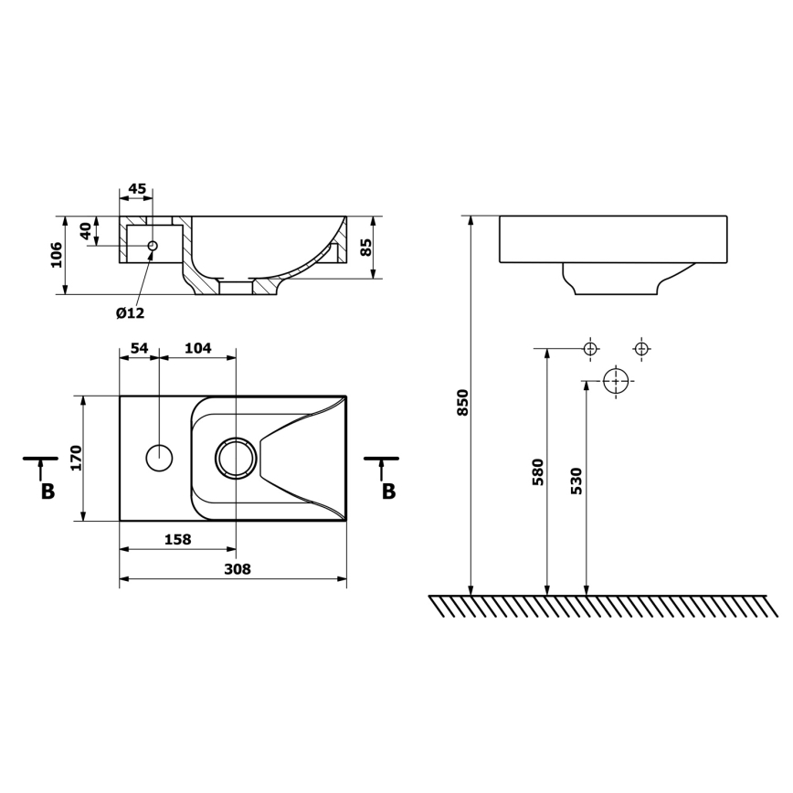 Sapho - Závěsné umyvadlo PICCOLINO 31x17 cm levá/litý mramor/bílá