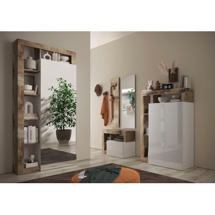 Šatní skříň se zrcadlem LENOR 91x209x30 cm bílá/javor