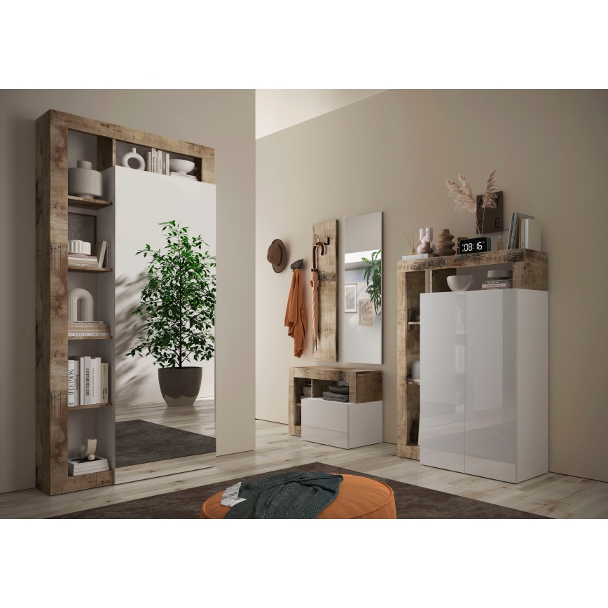 Šatní skříň se zrcadlem LENOR 91x209x30 cm bílá/javor