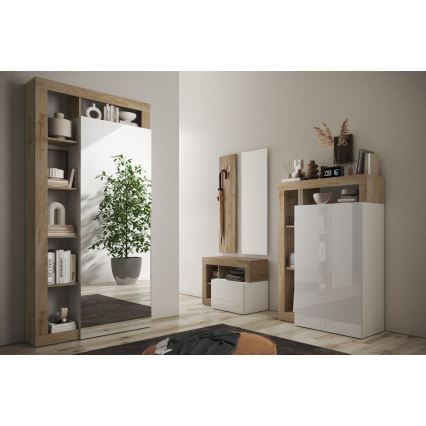 Šatní skříň se zrcadlem LENOR 91x209x30 cm bílá/světlý dub
