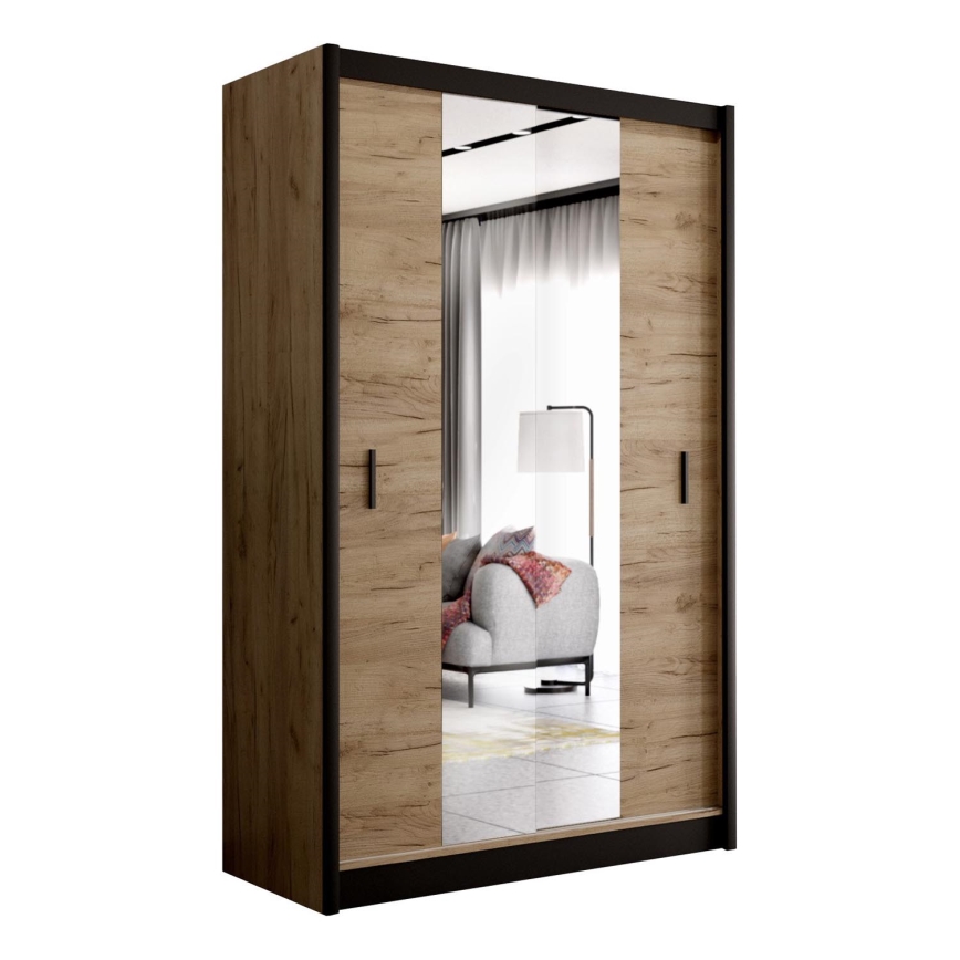 Šatní skříň se zrcadlem MIRO 150x215 cm dub craft/černá