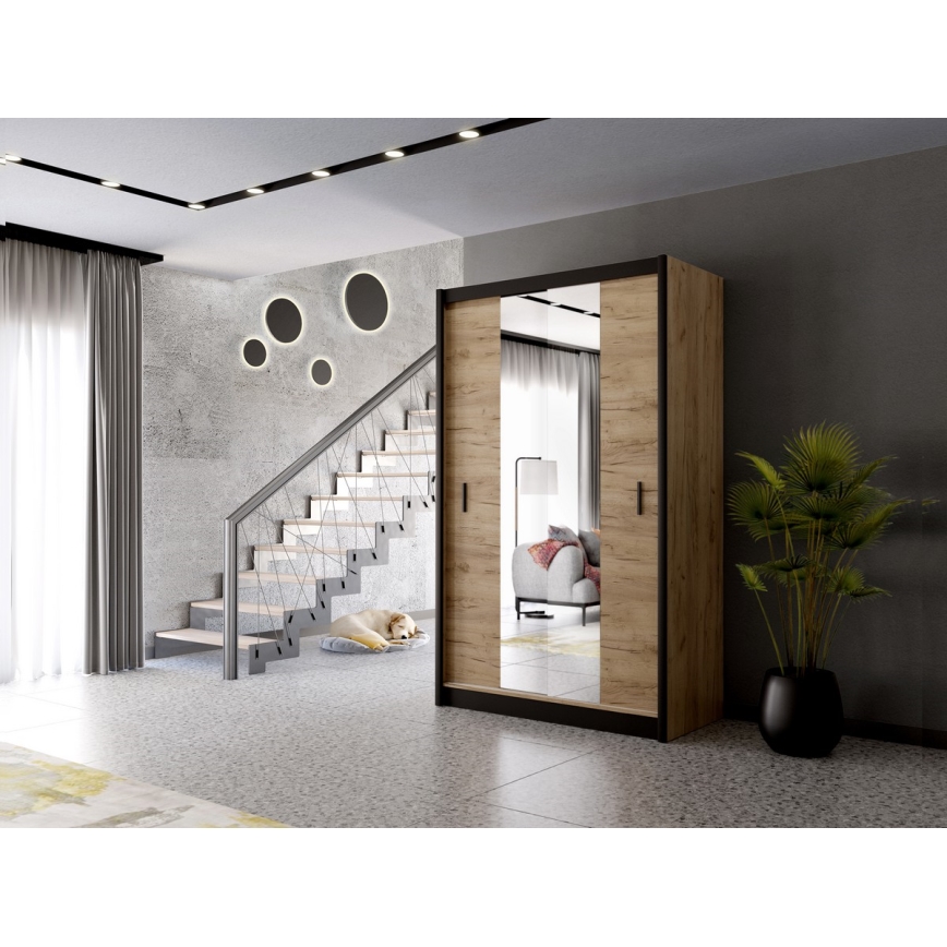 Šatní skříň se zrcadlem MIRO 150x215 cm dub craft/černá