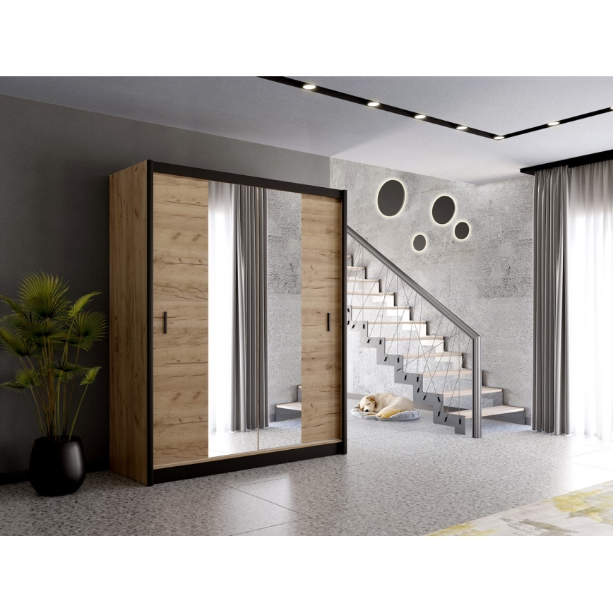 Šatní skříň se zrcadlem MIRO 203x215 cm dub craft/černá