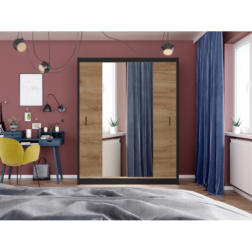 Šatní skříň se zrcadlem MIRO 203x215 cm dub craft/černá