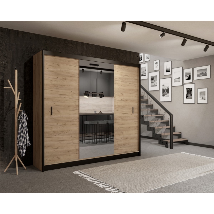 Šatní skříň se zrcadlem MIRO 250x215 cm dub craft/černá