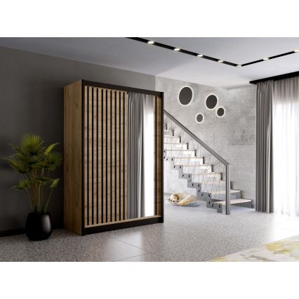 Šatní skříň se zrcadlem SANTINO 150x215 cm dub craft/černá