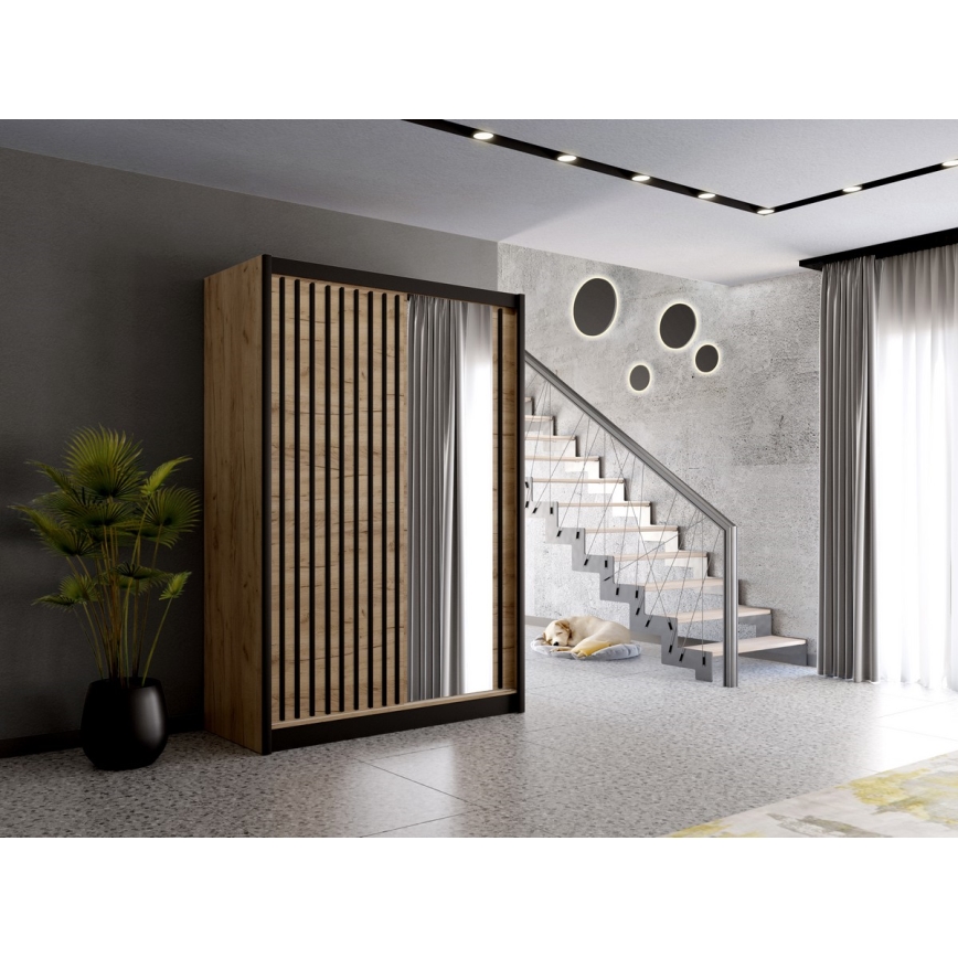 Šatní skříň se zrcadlem SANTINO 150x215x61 cm dub craft/černá
