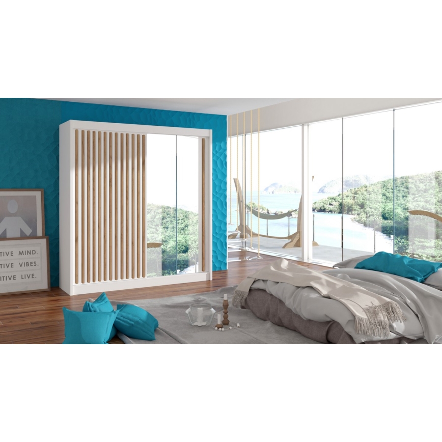 Šatní skříň se zrcadlem SANTINO 203x215 cm bílá/dub craft