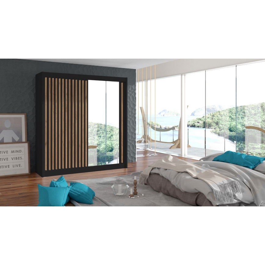 Šatní skříň se zrcadlem SANTINO 203x215 cm černá/dub craft