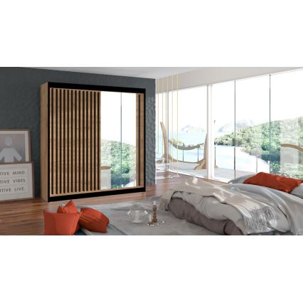 Šatní skříň se zrcadlem SANTINO 203x215 cm dub craft/černá