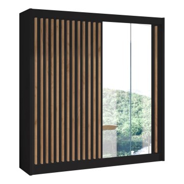 Šatní skříň se zrcadlem SANTINO 203x215x61 cm černá/dub craft