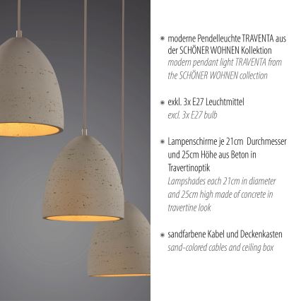 Schöner Wohnen 12541-42 - Lustr na lanku TRAVENTA 3xE27/40W/230V beton