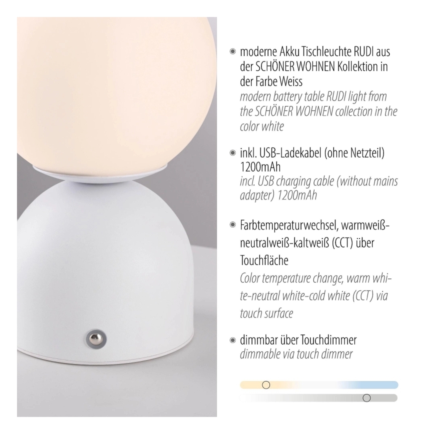 Schöner Wohnen 19218-16 - LED Stmívatelná dotyková nabíjecí stolní lampa RUDI LED/1,2W/5V 3000-6000K 1200 mAh bílá