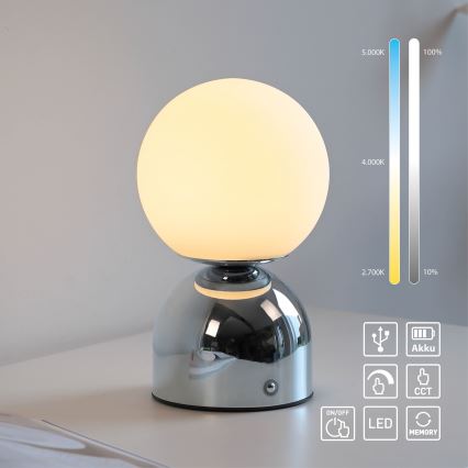 Schöner Wohnen 19218-17 - LED Stmívatelná dotyková nabíjecí stolní lampa RUDI LED/1,2W/5V 3000-6000K 1200 mAh lesklý chrom