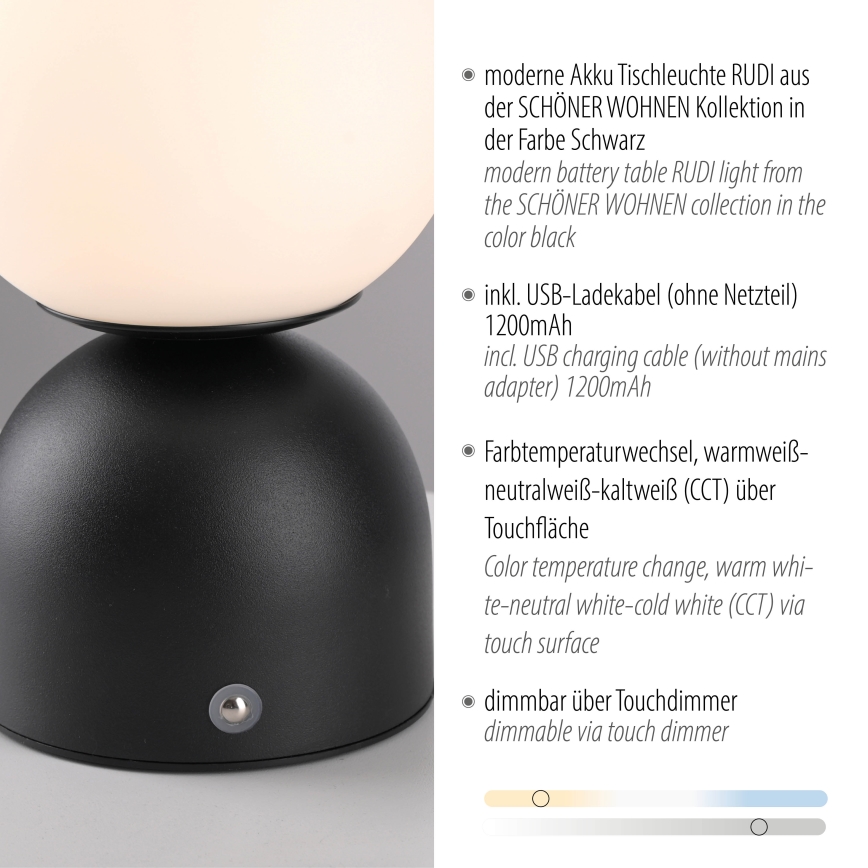 Schöner Wohnen 19218-18 - LED Stmívatelná dotyková nabíjecí stolní lampa RUDI LED/1,2W/5V 3000-6000K 1200 mAh černá
