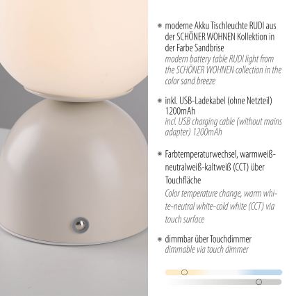 Schöner Wohnen 19218-39 - LED Stmívatelná dotyková nabíjecí stolní lampa RUDI LED/1,2W/5V 3000-6000K 1200 mAh šedá