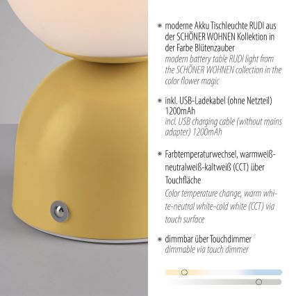 Schöner Wohnen 19218-81 - LED Stmívatelná dotyková nabíjecí stolní lampa RUDI LED/1,2W/5V 3000-6000K 1200 mAh žlutá