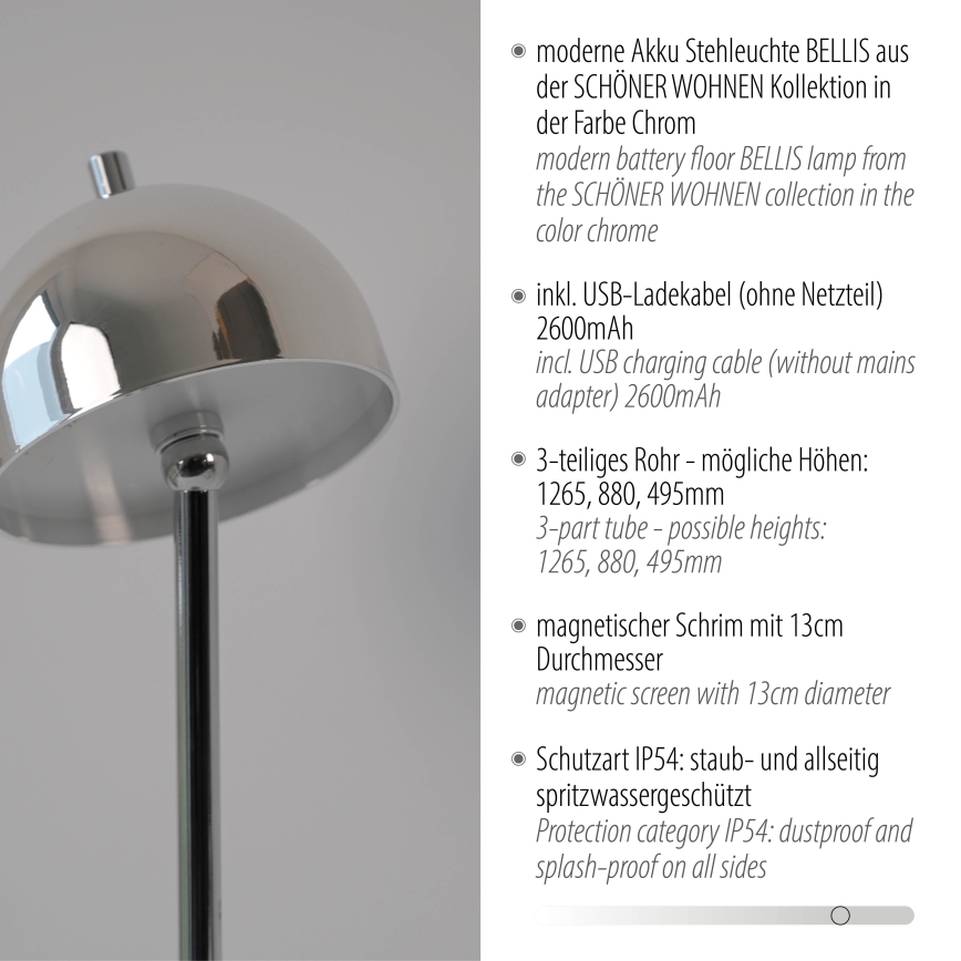 Schöner Wohnen 19245-17 - LED Stmívatelná dotyková nabíjecí venkovní stojací lampa BELLIS LED/2,5W/5V 2600 mAh IP54 lesklý chrom