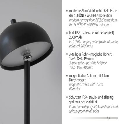 Schöner Wohnen 19245-18 - LED Stmívatelná dotyková nabíjecí venkovní stojací lampa BELLIS LED/2,5W/5V 2600 mAh IP54 černá
