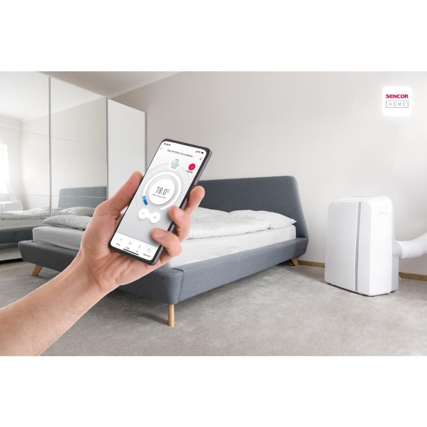 Sencor - Chytrá mobilní klimatizace 3v1 včetně kompletního příslušenství 1450W/230V 12000 BTU Wi-Fi bílá + dálkové ovládání