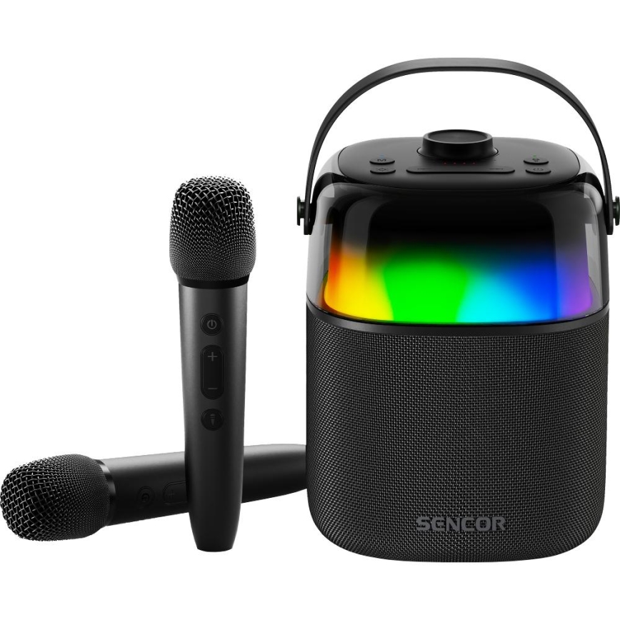 Sencor - LED RGB Reproduktor s bezdrátovými mikrofony 35W 8000 mAh + 2x 1800 mAh IPX5 černá