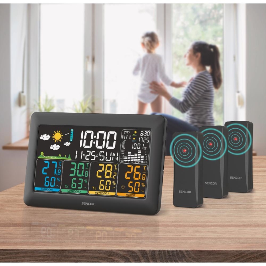 Sencor - Meteostanice s barevným LCD displejem + 3 senzory 3xAA + 6xAA černá
