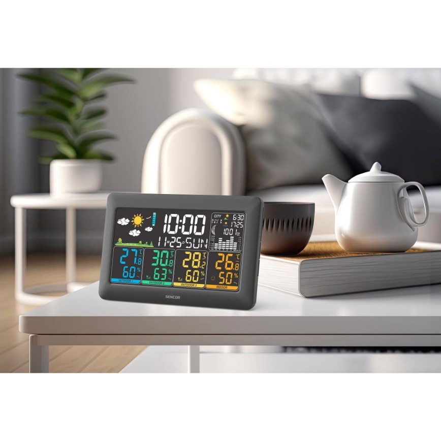 Sencor - Meteostanice s barevným LCD displejem + 3 senzory 3xAA + 6xAA černá