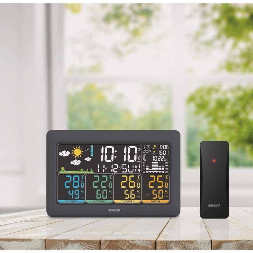 Sencor - Meteostanice s barevným LCD displejem + 3 senzory 3xAA + 6xAA černá