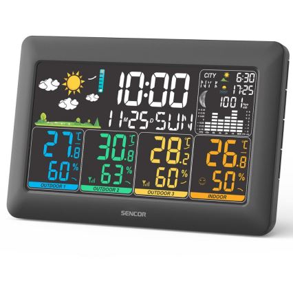 Sencor - Meteostanice s barevným LCD displejem + 3 senzory 3xAA + 6xAA černá