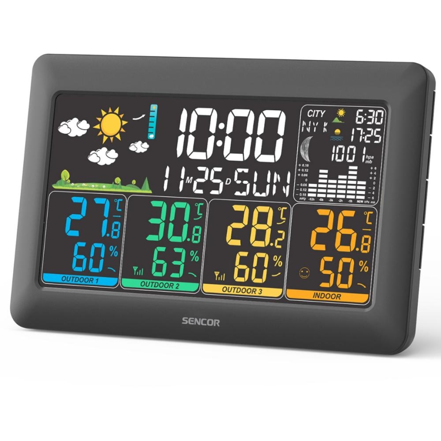 Sencor - Meteostanice s barevným LCD displejem + 3 senzory 3xAA + 6xAA černá