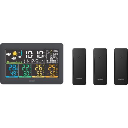 Sencor - Meteostanice s barevným LCD displejem + 3 senzory 3xAA + 6xAA černá