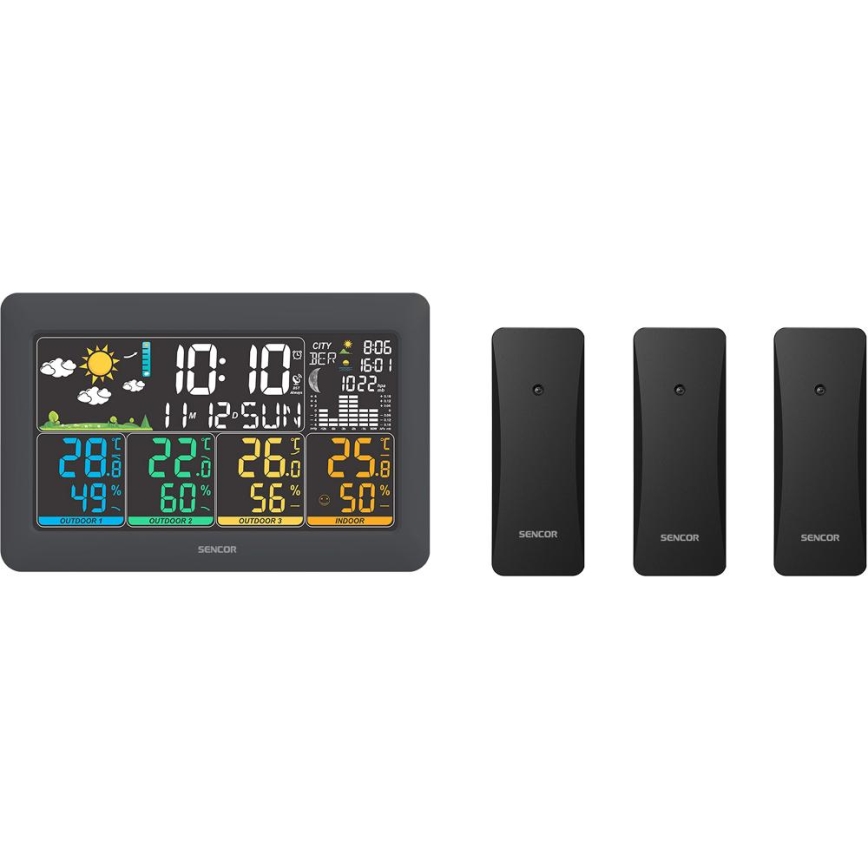 Sencor - Meteostanice s barevným LCD displejem + 3 senzory 3xAA + 6xAA černá