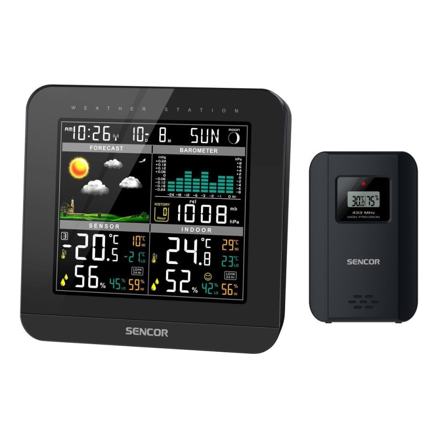 Sencor - Meteostanice s barevným LCD displejem a budíkem 3xAAA černá
