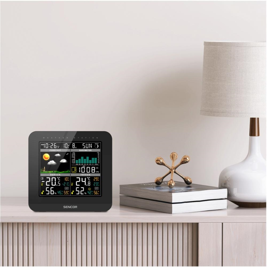Sencor - Meteostanice s barevným LCD displejem a budíkem 3xAAA černá