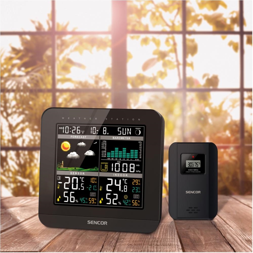 Sencor - Meteostanice s barevným LCD displejem a budíkem 3xAAA černá