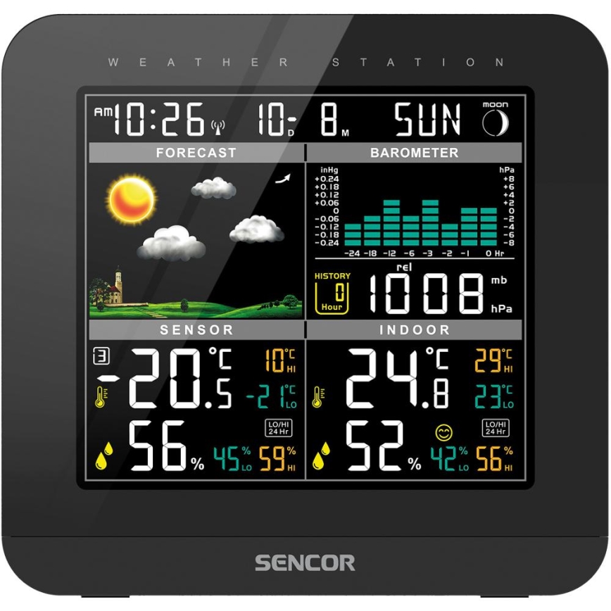 Sencor - Meteostanice s barevným LCD displejem a budíkem 3xAAA černá