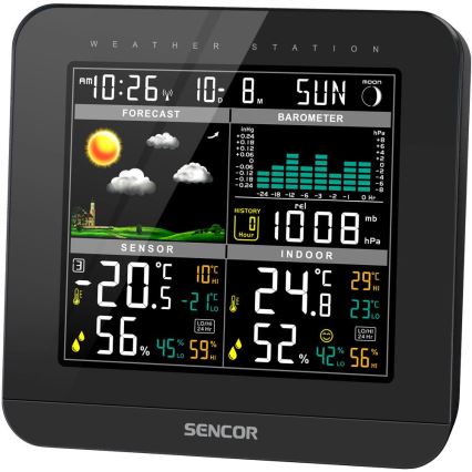 Sencor - Meteostanice s barevným LCD displejem a budíkem 3xAAA černá