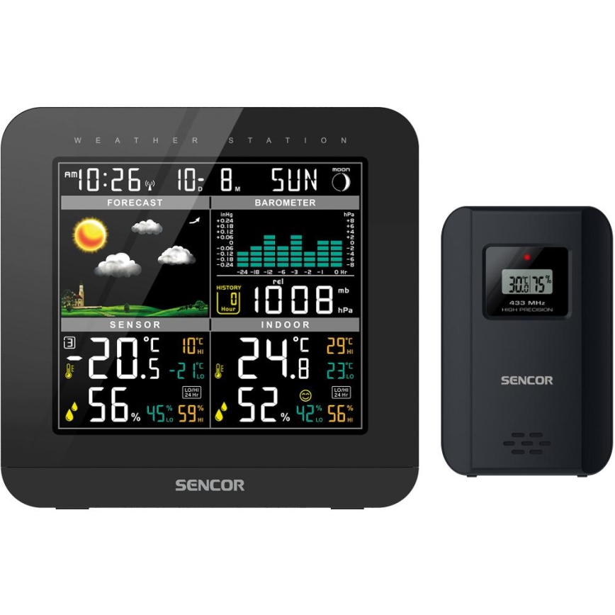 Sencor - Meteostanice s barevným LCD displejem a budíkem 3xAAA černá