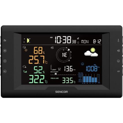 Sencor - Profesionální meteostanice s barevným LCD displejem a budíkem 5V/1xCR2032 + 3xAA