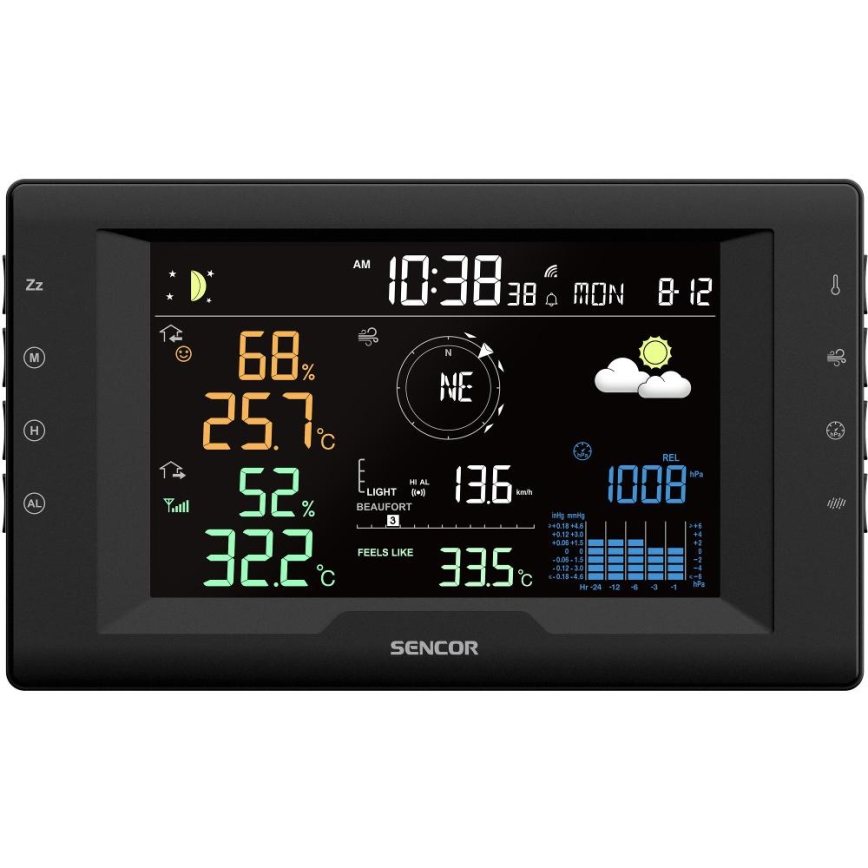 Sencor - Profesionální meteostanice s barevným LCD displejem a budíkem 5V/1xCR2032 + 3xAA