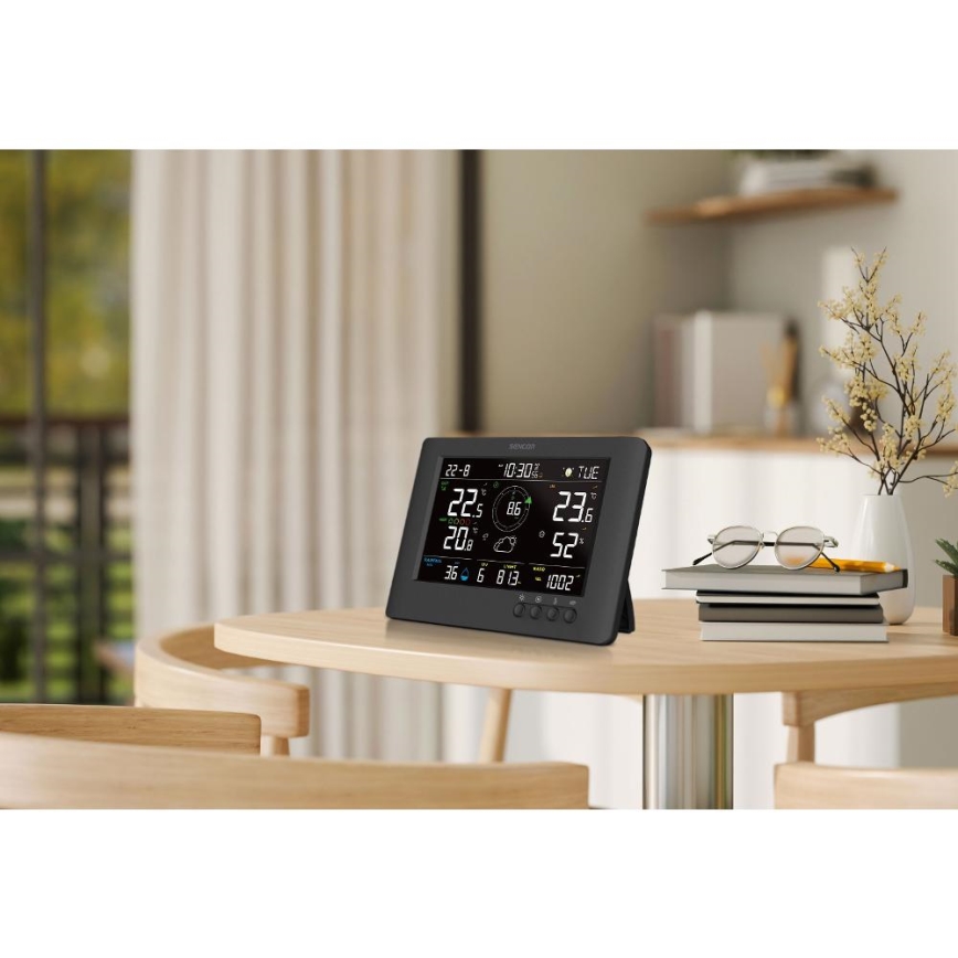 Sencor - Profesionální meteostanice s barevným LCD displejem a budíkem 5V/1xCR2032 + 3xAA