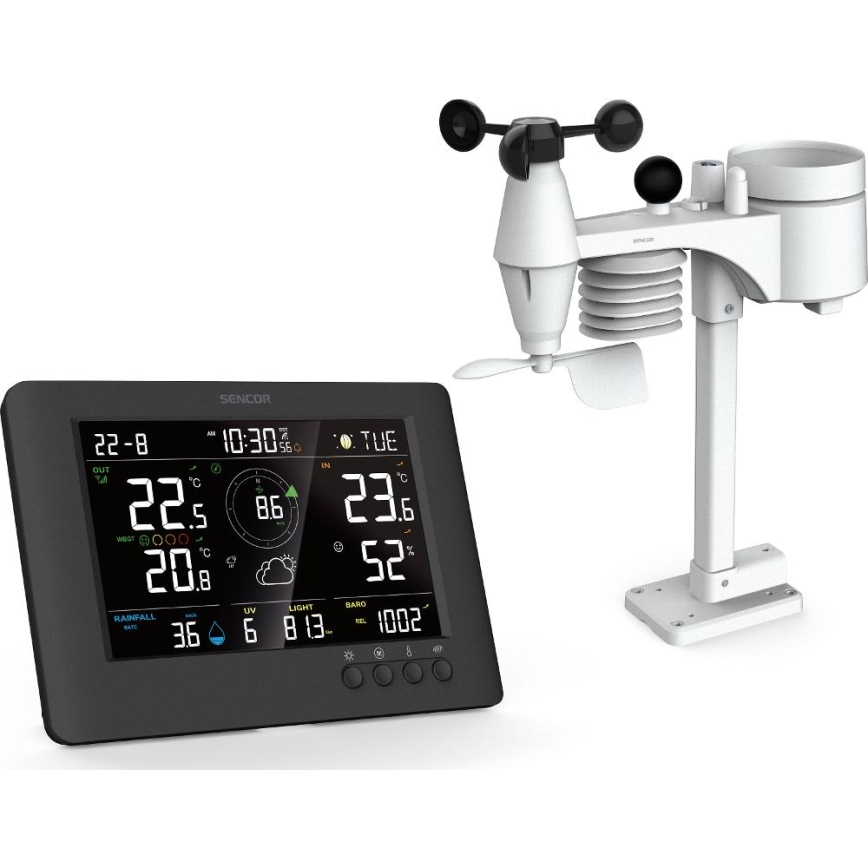 Sencor - Profesionální meteostanice s barevným LCD displejem a budíkem 5V/1xCR2032 + 3xAA