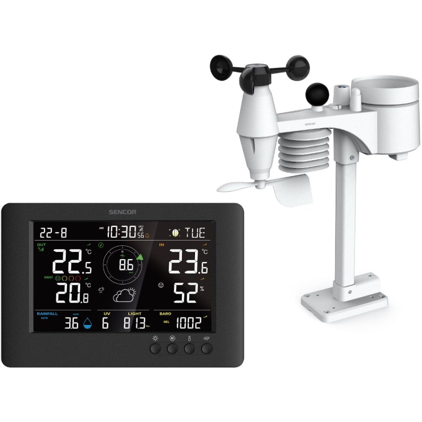 Sencor - Profesionální meteostanice s barevným LCD displejem a budíkem 5V/1xCR2032 + 3xAA