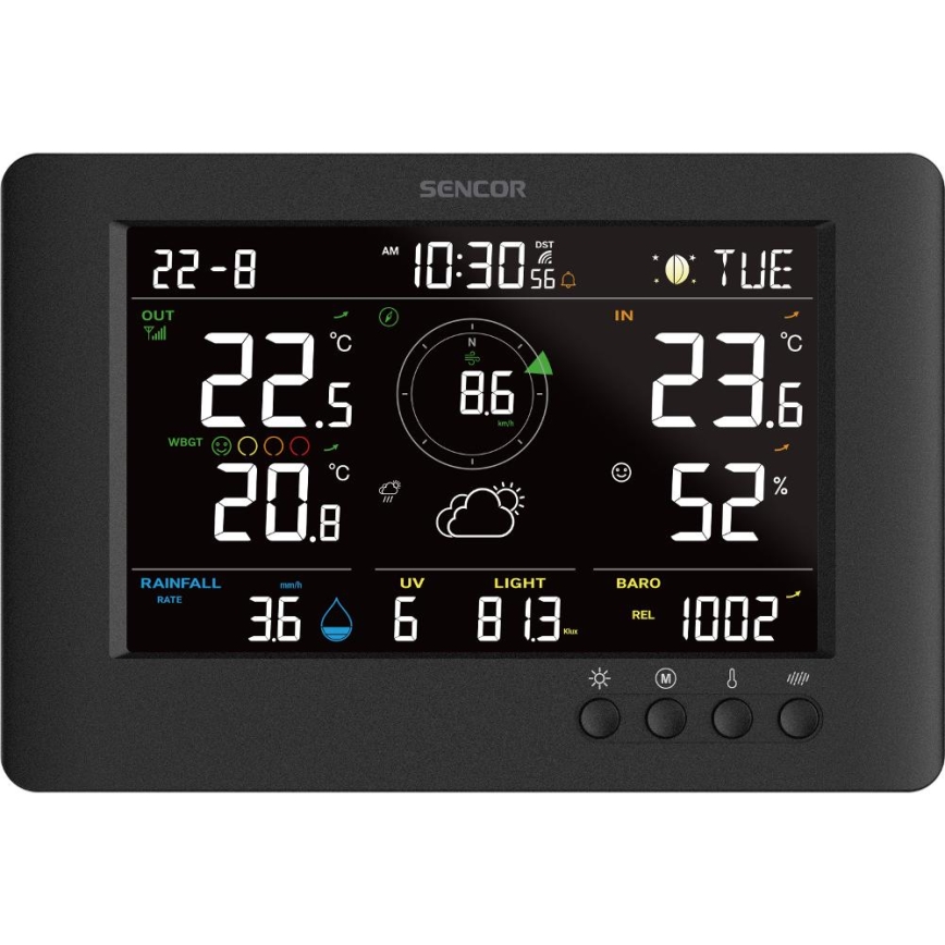 Sencor - Profesionální meteostanice s barevným LCD displejem a budíkem 5V/1xCR2032 + 3xAA