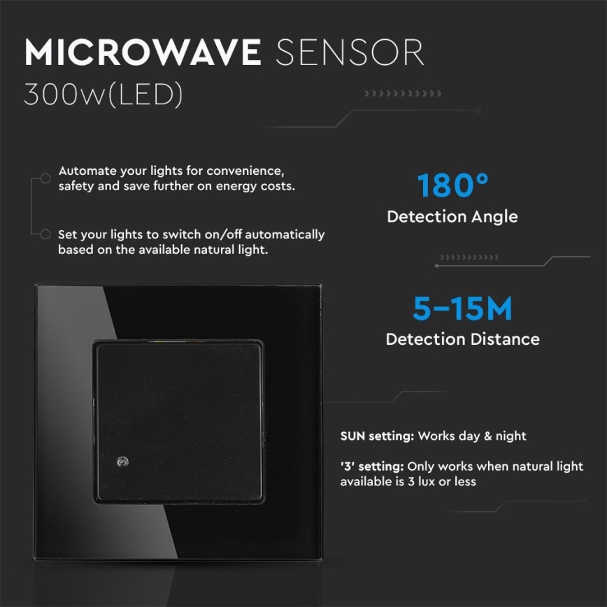 Senzor pohybu mikrovlnný 180° 300W/230V černá