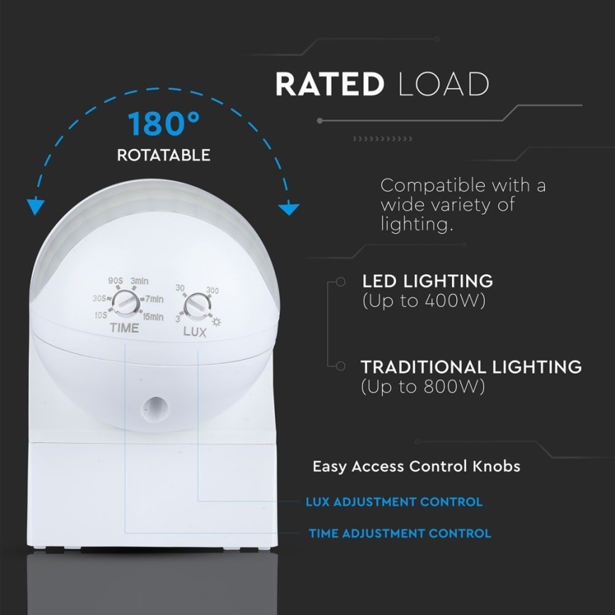 Senzor pohybu PIR 180° 800W/230V IP44 bílá