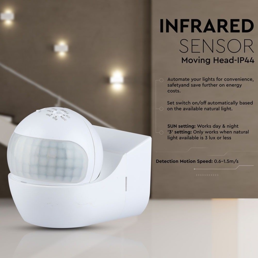 Senzor pohybu PIR 180° 800W/230V IP44 bílá