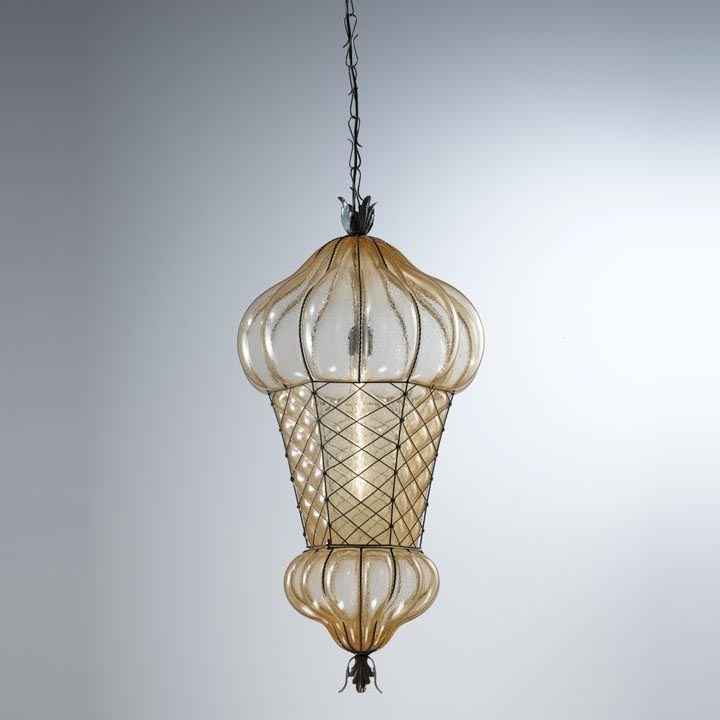 SIRU - Lustr na řetězu BABÀ 1xE27/60W/230V pr. 30 cm béžová/hnědá benátské sklo