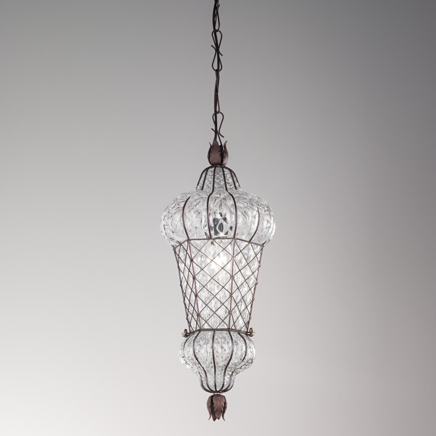 SIRU - Lustr na řetězu BABÀ 1xE27/60W/230V pr. 30 cm čirá/hnědá benátské sklo