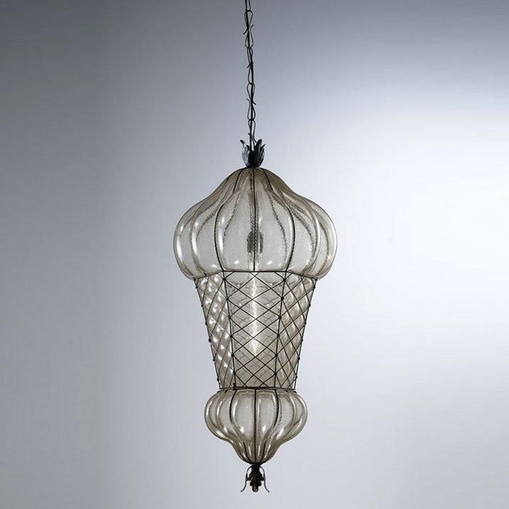 SIRU - Lustr na řetězu BABÀ 1xE27/60W/230V pr. 30 cm čirá/hnědá benátské sklo